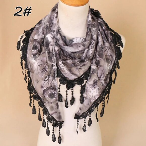 2/$30 Black & Grey Floral Lace Fringe Scarf Shawl Wrap Sheer Boho Vintage Style - Picture 7 of 7
